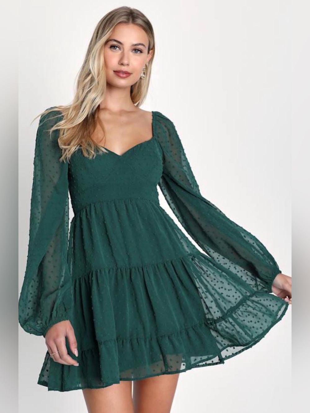 Lulus Longing and Love Emerald Swiss Dot Long Sleeve Dress